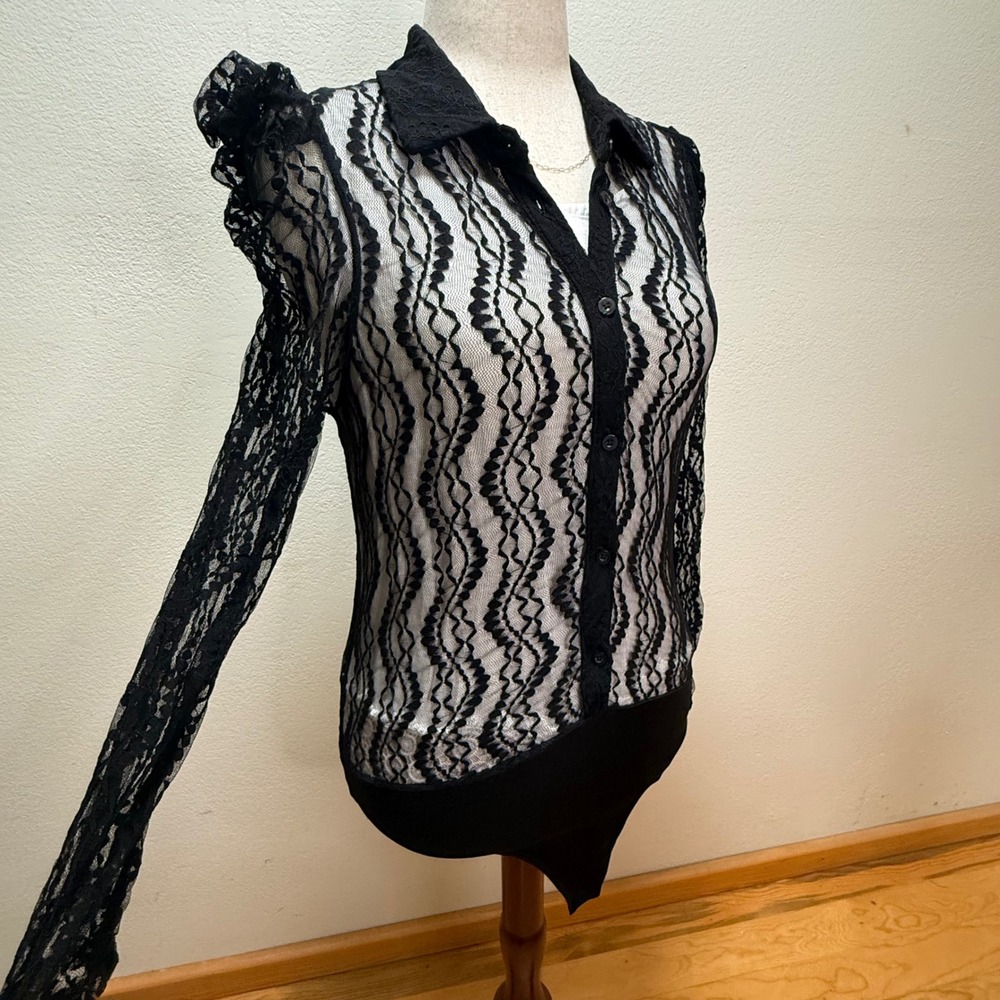 NWT Elegant Black Lace Button Front Women's Bodysuit size L